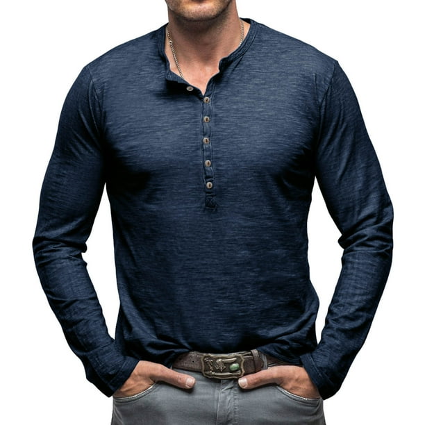 Blusas y camisas de manga larga con cuello redondo para hombre, blusas casuales de moda de color liso de manga larga, blusas transpirables para hombre