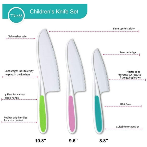 TORUBIA Lot de 3 couteaux de cuisine en nylon sûrs pour enfants