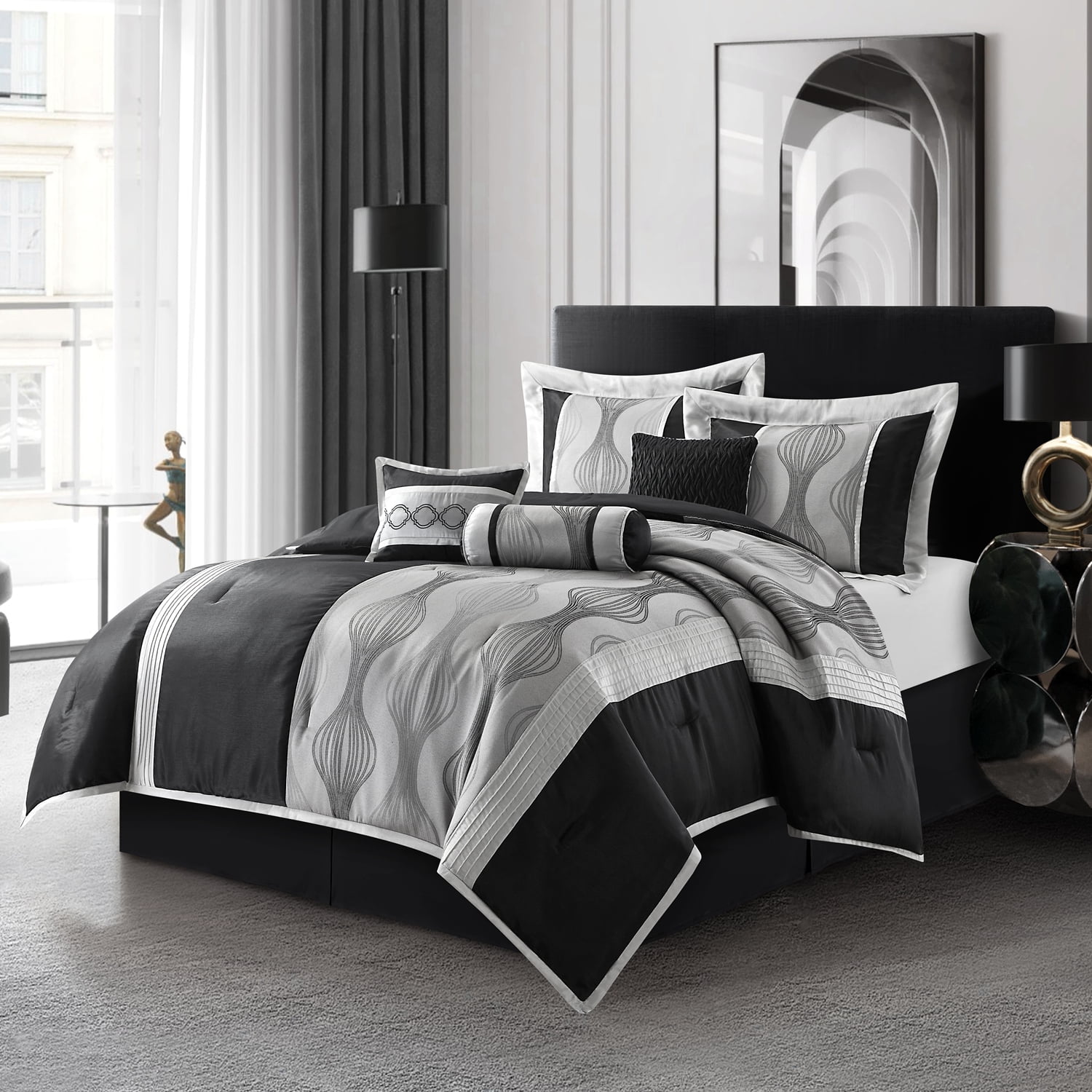 Lanco Black And Silver Comforter Set Queen Size 7 Pieces Bedding
