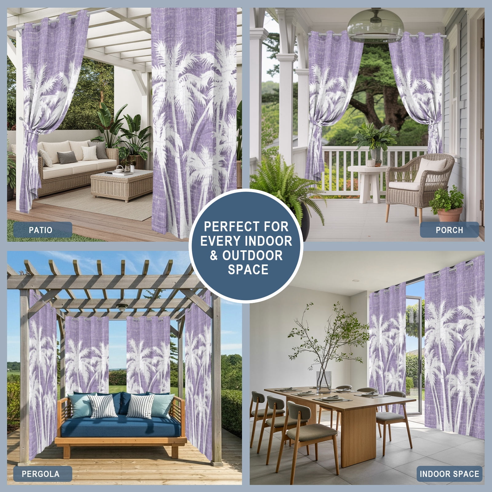 Palm Tree Outdoor Curtains for Patio, Tropical Plant Coastal Summer Purple Sunshade Privacy Drapes Grommet Waterproof Outside Curtains for Porch/Cabana/Balcony 54"x 108", 1 Panel