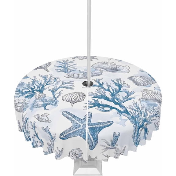 Ocean Coral Blue Outdoor Tablecloth with Umbrella Hole and Zipper 60" Round Table Cover Summer Seashells Starfish Waterproof Tabletop Collection for Patio Garden Picnic Camping