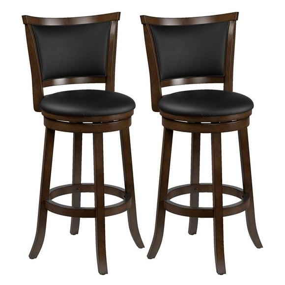 CorLiving Wesley Dark Brown Swivel Bar Stools Set of 2 with Black Faux Leather Back and Seat – Bar Height Bar Stools with Back - Wood Barstools for Bar Setup, or Kitchen Island Bar