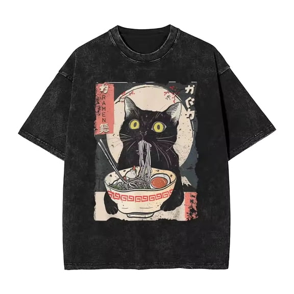 Vintage Washed Cat and Shark Graphic Japanese Style T Shirts for Men Women Casual Short Sleeve Crew Neck Tees