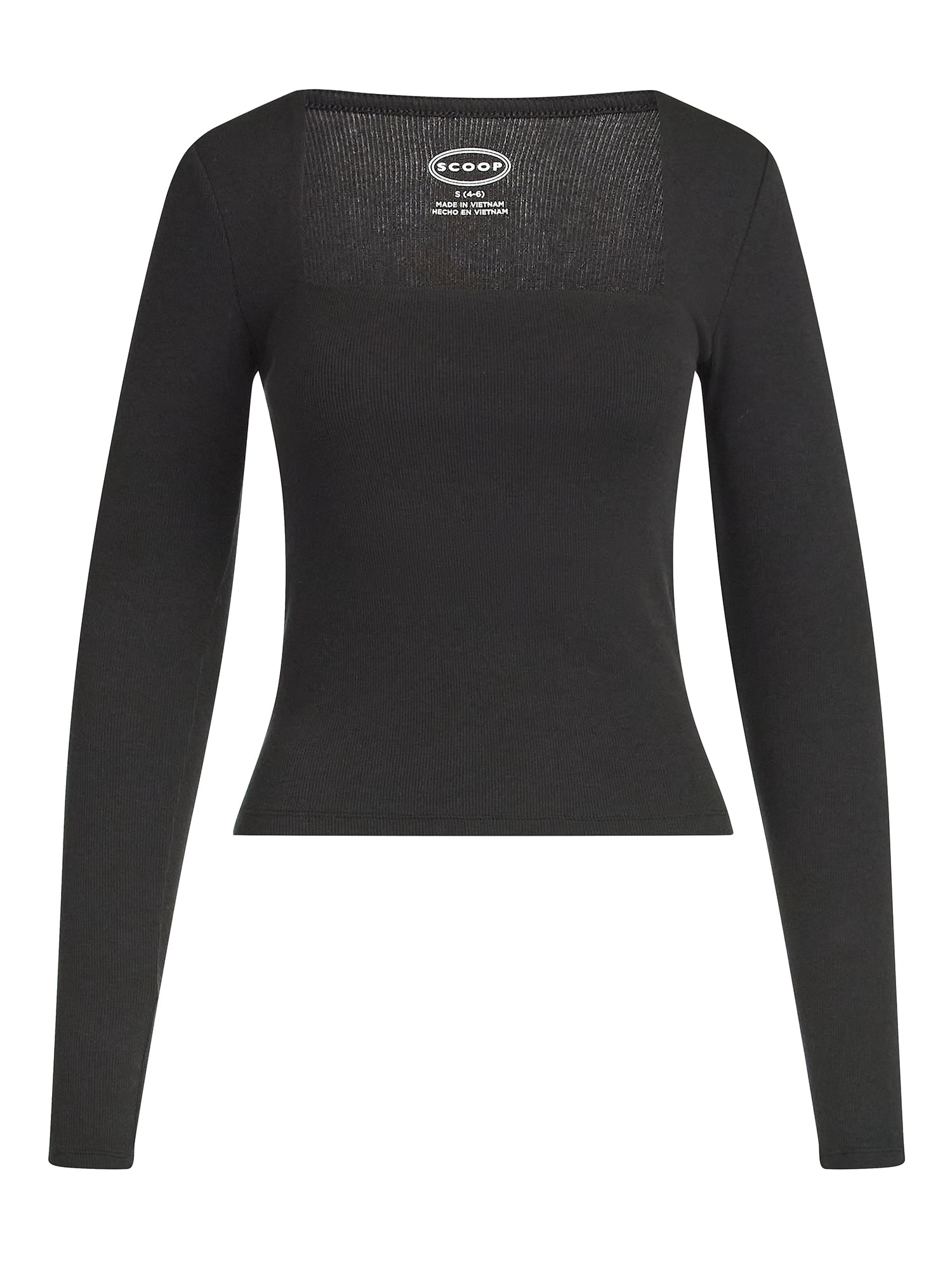 Scoop Women’s Ribbed Square Neck Top with Long Sleeves, Sizes XS-XXL