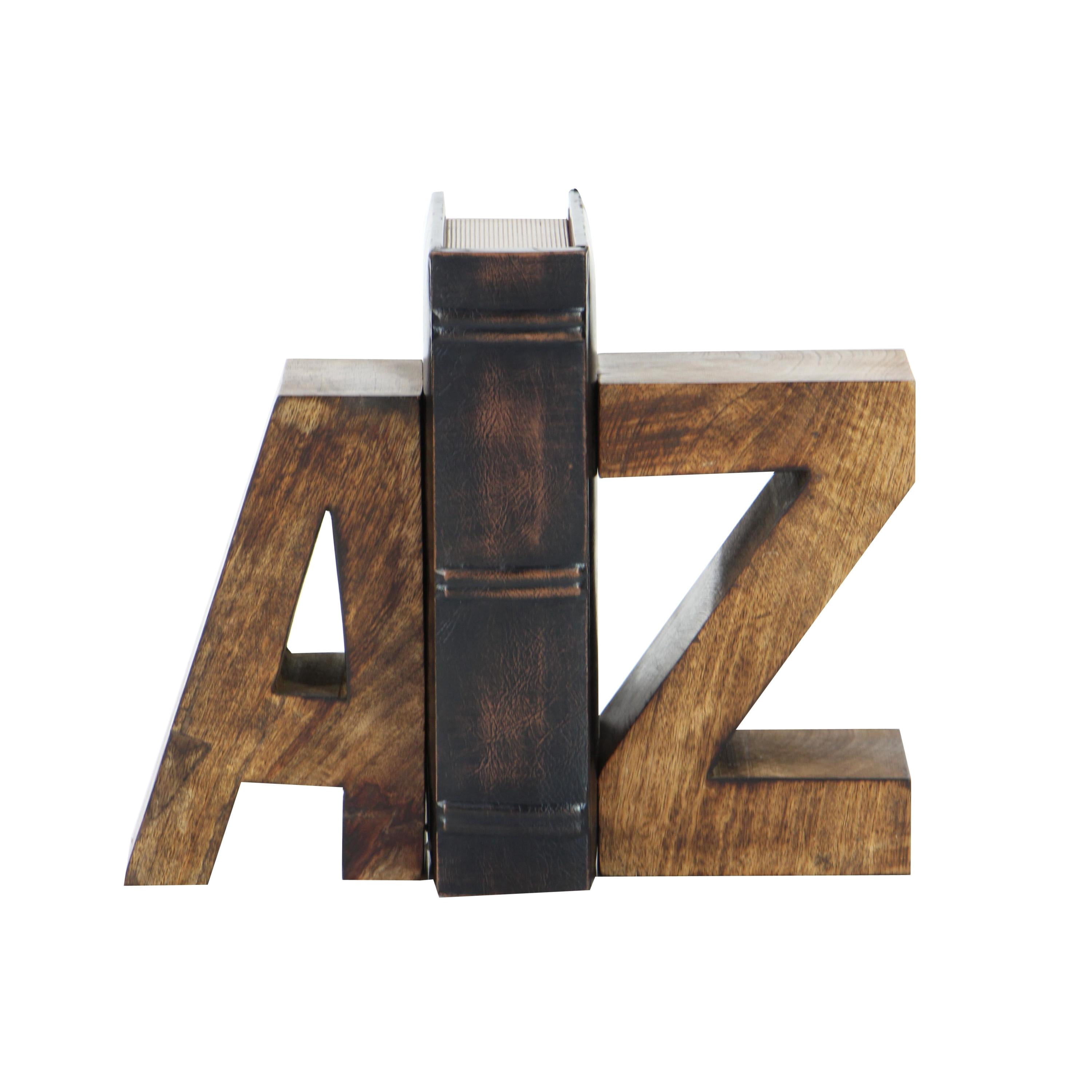 DecMode 5" A Z Dark Brown Mango Wood Bookends (Set of 2)