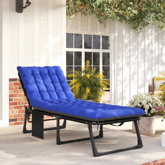 Outsunny Chaise Lounge Chair Outdoor, 5-Position Adjustable Tanning Chair, Pool Lounge Chair with Cushion, Side Pocket, Dark Gray/Blue