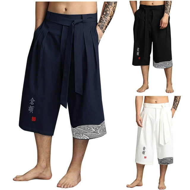 Styesk Men's Pants Man Embroidery Loose Casual Zipper Button Pocket Drawstring Elastic-Waist Capris
