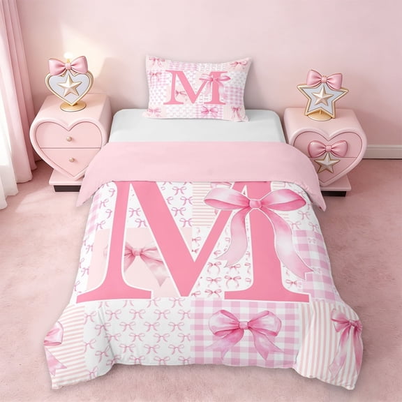Erosebridal Pink Princess Bowknot Kids Twin Bedding,Bowtie Theme Initial M Alphabet Duvet Cover Set For Girls,Pink Reversible,2-Piece(No Comforter)