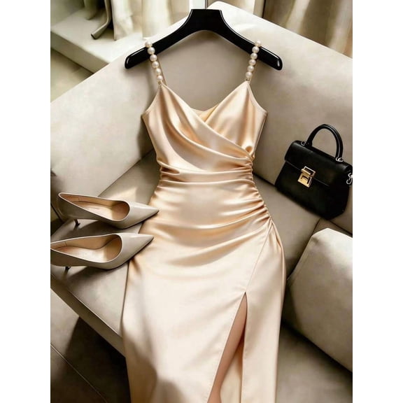 Champagne Satin Bodycon Dress With Pearl-Embellished Spaghetti Straps, Crossover Neckline, Ruched Waist And Side Slit