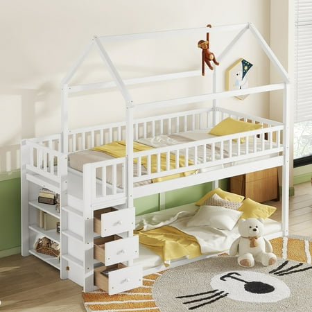 Euroco Twin over Twin Bunk Bed with Wardrobe  Drawer and Shelf  Trundle Bed for Kids Teens Room  White