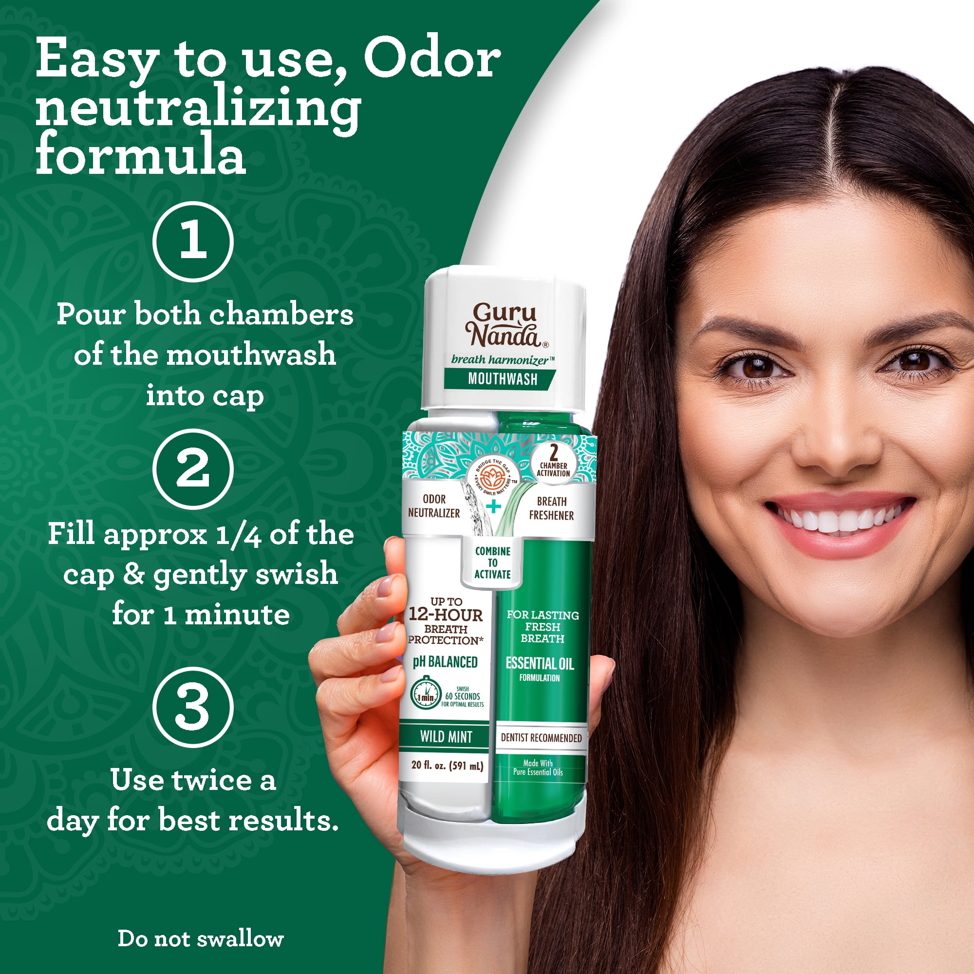 GuruNanda Dual Barrel Breath Harmonizer Mouthwash - Fresh Breath - Alcohol & Fluoride Free -  20 fl oz