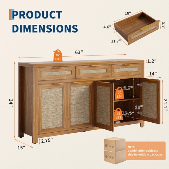 63" Dark Oak Farmhouse Rattan Sideboard Buffet Cabinet, Standard Size, Dark Oak, Dining Room Storage Credenza, 3 Drawers 4 Doors