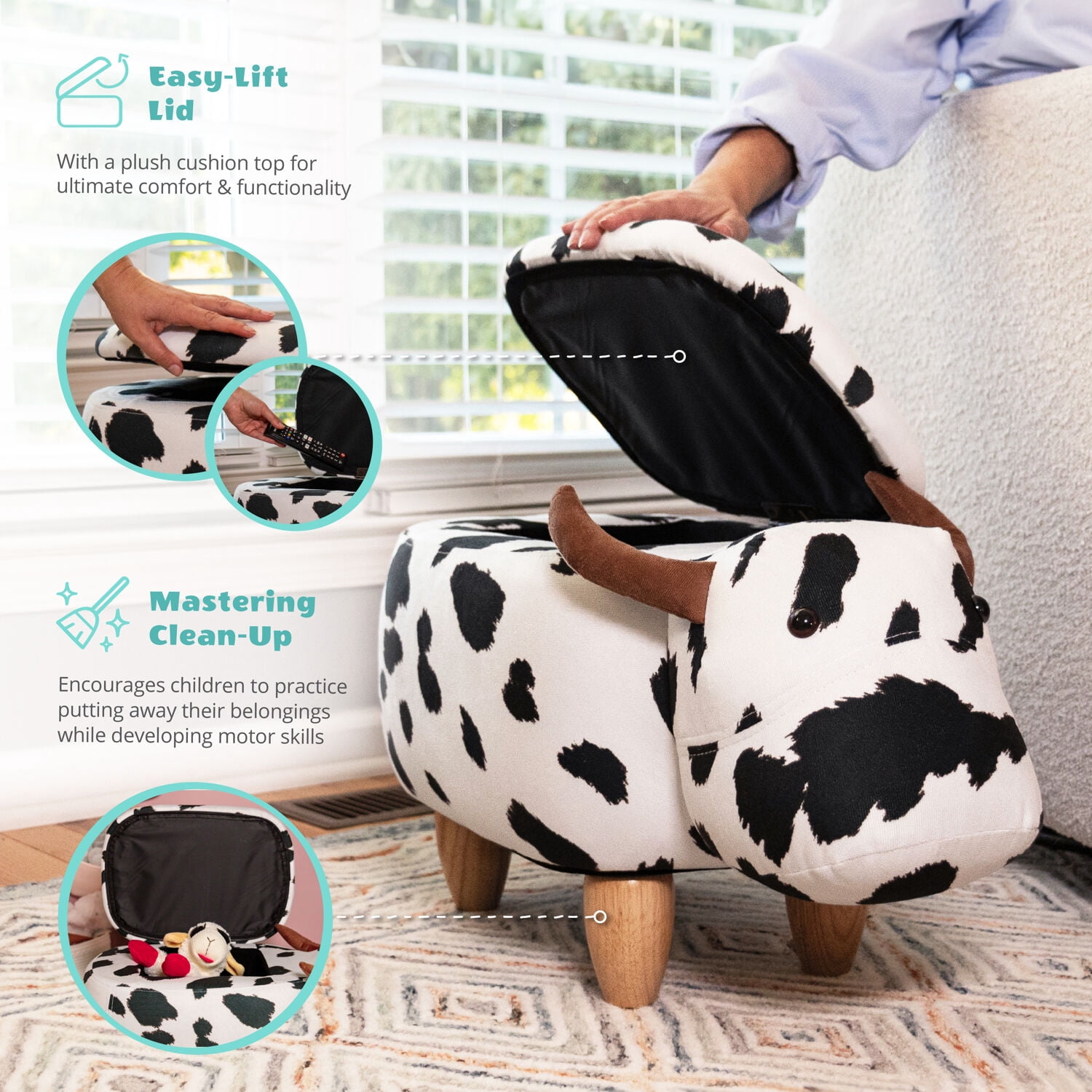 Critter Sitters 15-in. Seat Height Black-White Cow Animal Shape Storage Ottoman