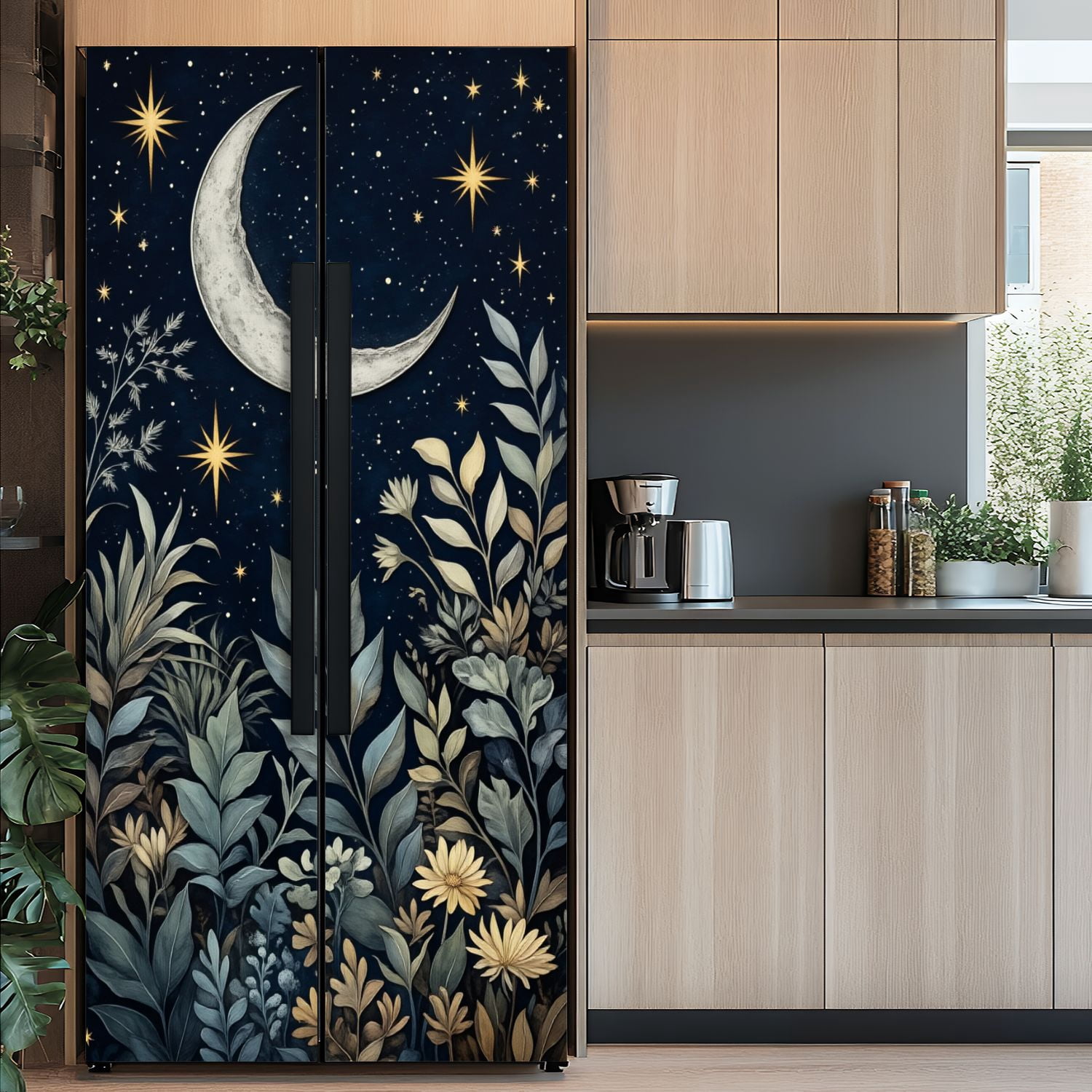 Self Adhesive Vinyl Refrigerator Wrap Set Night Sky Stars Floral Landscape Door Mural Removable Fridge Sticker Peel and Stick&nbsp;Full Door Cover Decal Kitchen Bar Decor