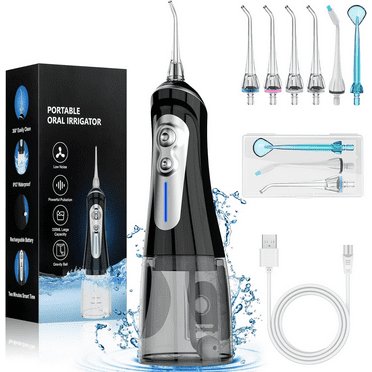 Water Dental Flosser Cordless for Teeth Pick Cleaning - Powerful Oral Irrigator with 6 Adjustable Modes,320ML Portable & Rechargeable IPX7 Waterproof Cleaner Picks for Home Travel (Black)
