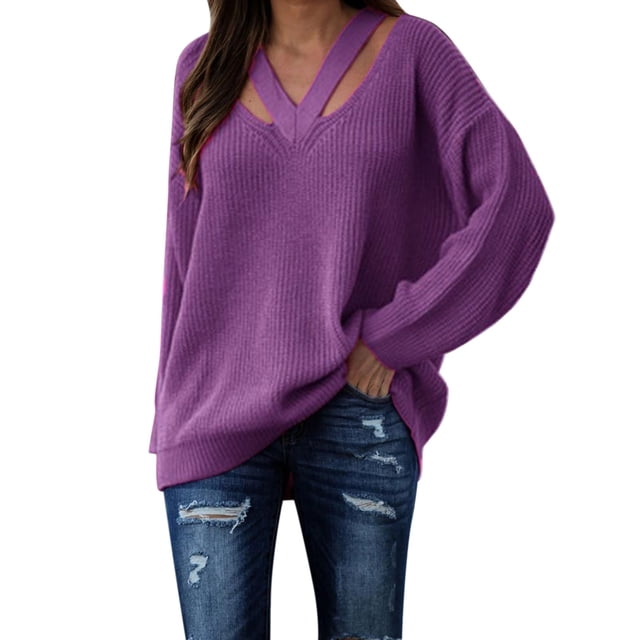 Womens V Neck Oversized Fall Sweater Sexy Long Sleeve Knit Pullover Top