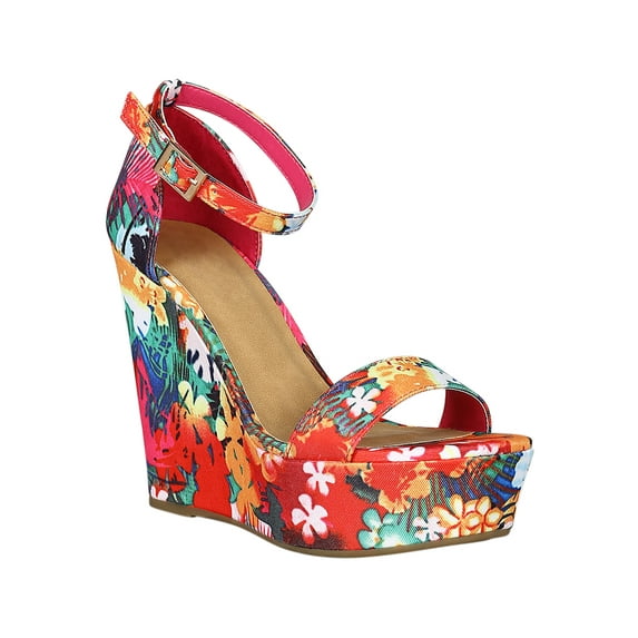Women Fabric Tropical Printed Open Toe Platform Wedge Sandal 18459