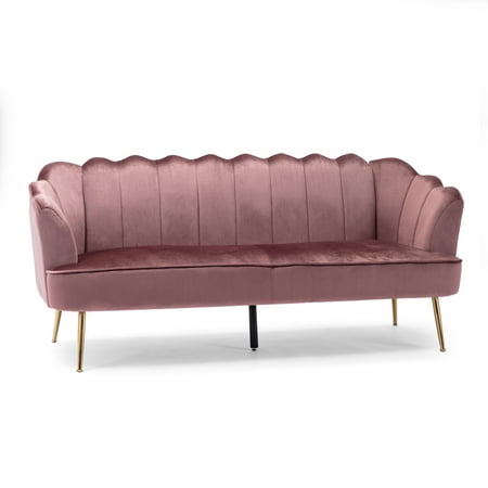 Noble House Thelen Velvet Channel Stitch 3 Seater Shell Sofa, Blush Pink and Gold
