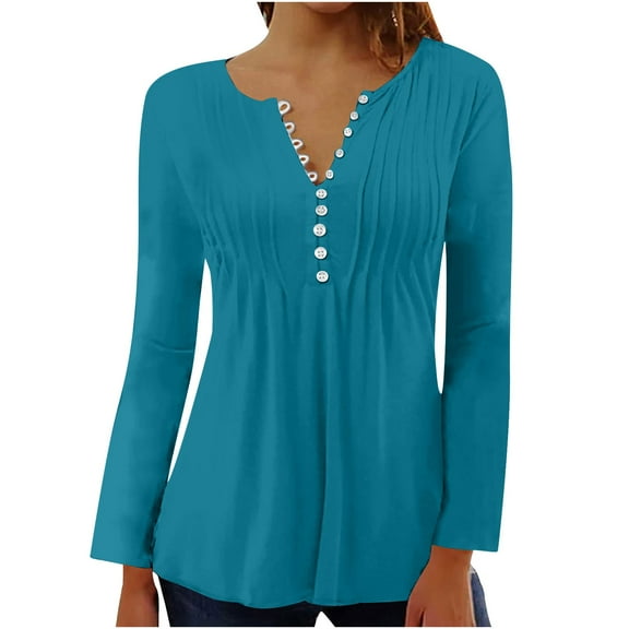 AOOCHASLIY Women's Blouse Women Fashionable Solid Color Long Sleeved with V-neck Button Pleats