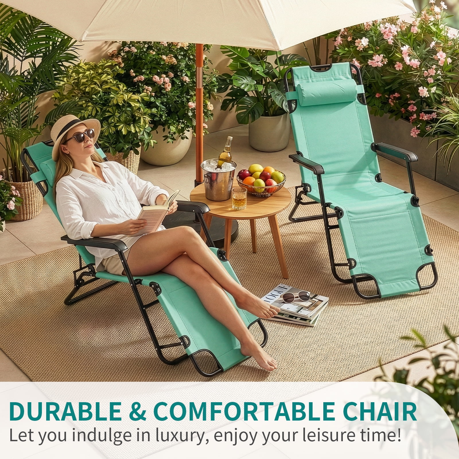 UBesGoo 2-Position Adjustable Backrest Chaise Chair, Lightweight Tanning Chair with Pillow, Sun Recliner for Indoor Outdoor - Light Green