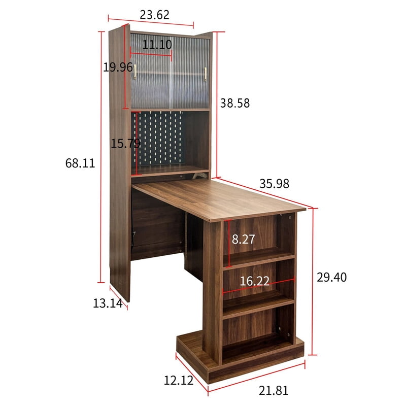 Foldable Computer Desk with 2 Sliding Glass Doors, Writing Study Table with Pegboard, Office Desk Workstation with Storage Shelves for Home Office