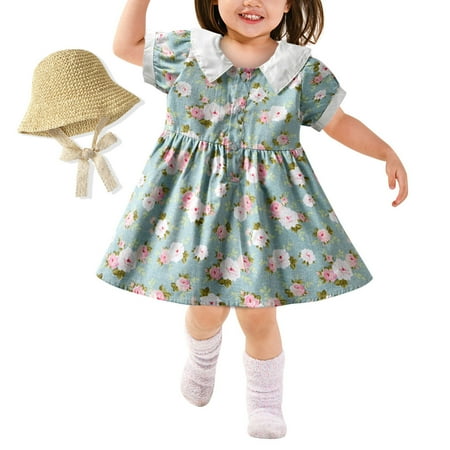 

Borniu Girls Dresses Toddler Kids Baby Girls Summer Retro Print Puff Sleeve Dress Princess Dress+Hat Suit Toddler Dress Clearance