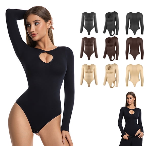 Purcolt Women's Plus Size Keyhole Seamless Shapewear Bodysuits One Piece Long Sleeve Bodycon Rompers Sleepwear Onesie Jumpsuit Tummy Control Body Shaper Snatching Body Suit