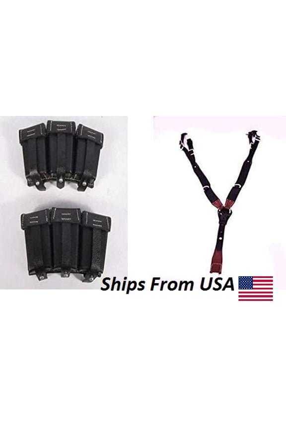 German WWII K98 98K Triple Ammo Leather Pouch Set Black (Repro) with German Black Leather Y Straps Suspender (Combo)
