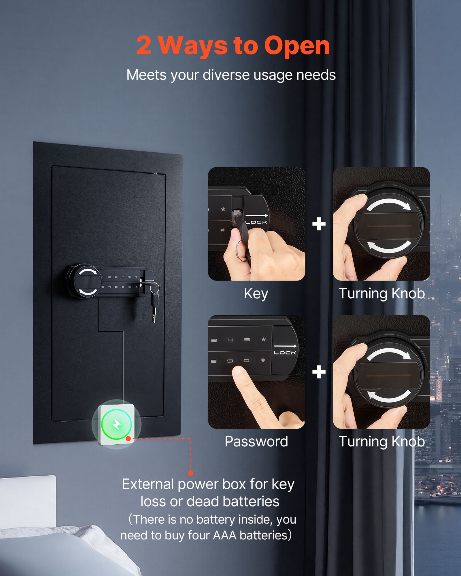 VEVOR Wall Safe, 3-Tier Hidden Wall Mounted Safe with Password & Key, Q235 Cold-Rolled Steel In-Wall Box with LED Lighting, 2 Adjustable Shelves & 5 Key Holders for Money, Jewelry, Passport, Black