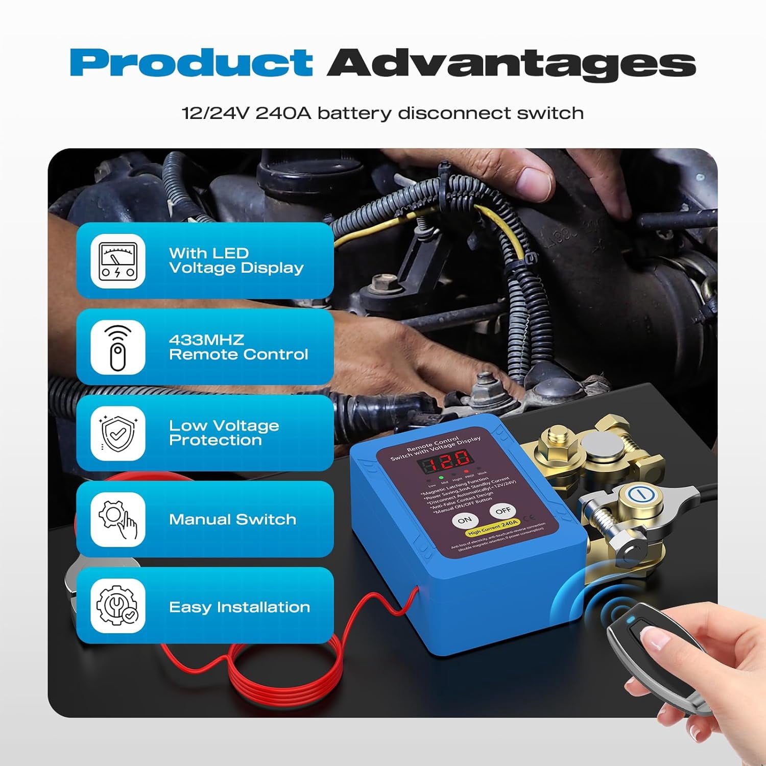 Kill Switch for Car, 12V 240A Remote Battery Disconnect Switch with Led Voltage Display Car Kill Switch Anti Theft Automatic Cut/Shut Off Switch for Auto Truck Marine RV ATV Boat