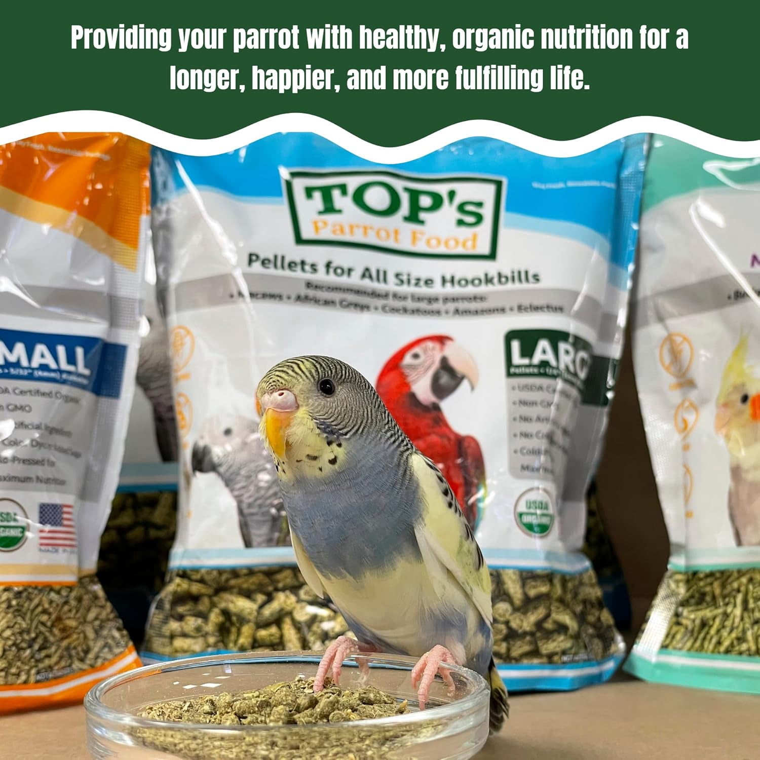 TOP's Parrot Food Small Pellets for Conures, Senegals, Caiques, Pionus, USDA Certified Organic, Human Grade, Non-GMO, Corn, Soy & Peanut Free, 4 lb
