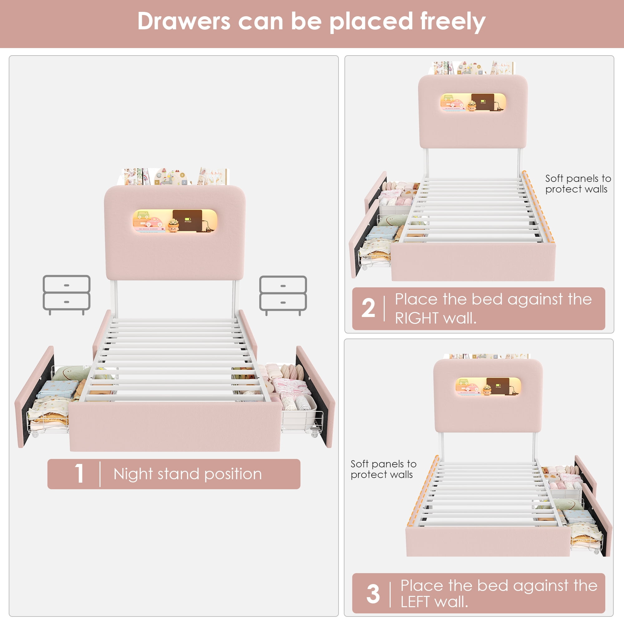 Homfa Twin Size Velvet Upholstered Bed with LED Lights & 2 Drawers, Storage Headboard Platform Bed Frame with USB Ports & Outlets, Pink