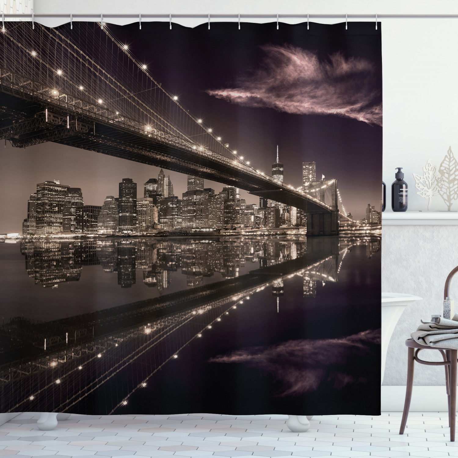 Landscape Shower Curtain, Brooklyn Bridge Sunset NYC View Skyline