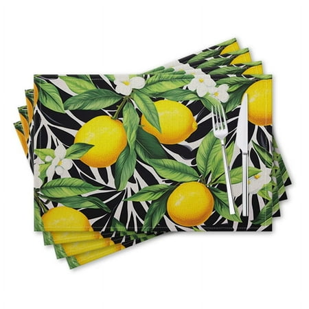 

BaHomeck placemats Set of 4 rectangle Linen Cotton Placemats for Dining Table Washable Heat Resistant 18*12inch Lemon-Print With Leaves And Flowers On White Background