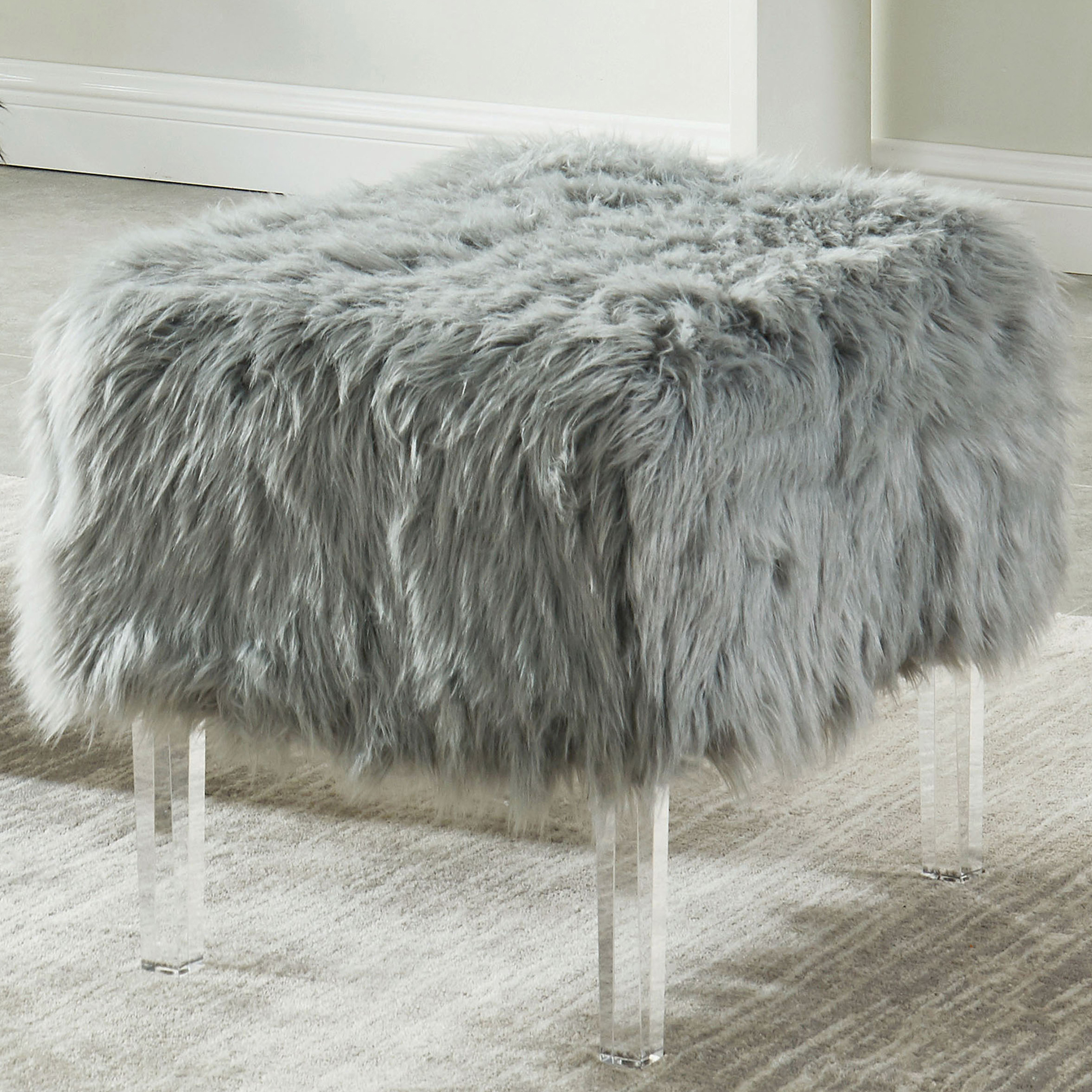 Raven I Contemporary Faux Fur Acrylic Ottoman, Gray