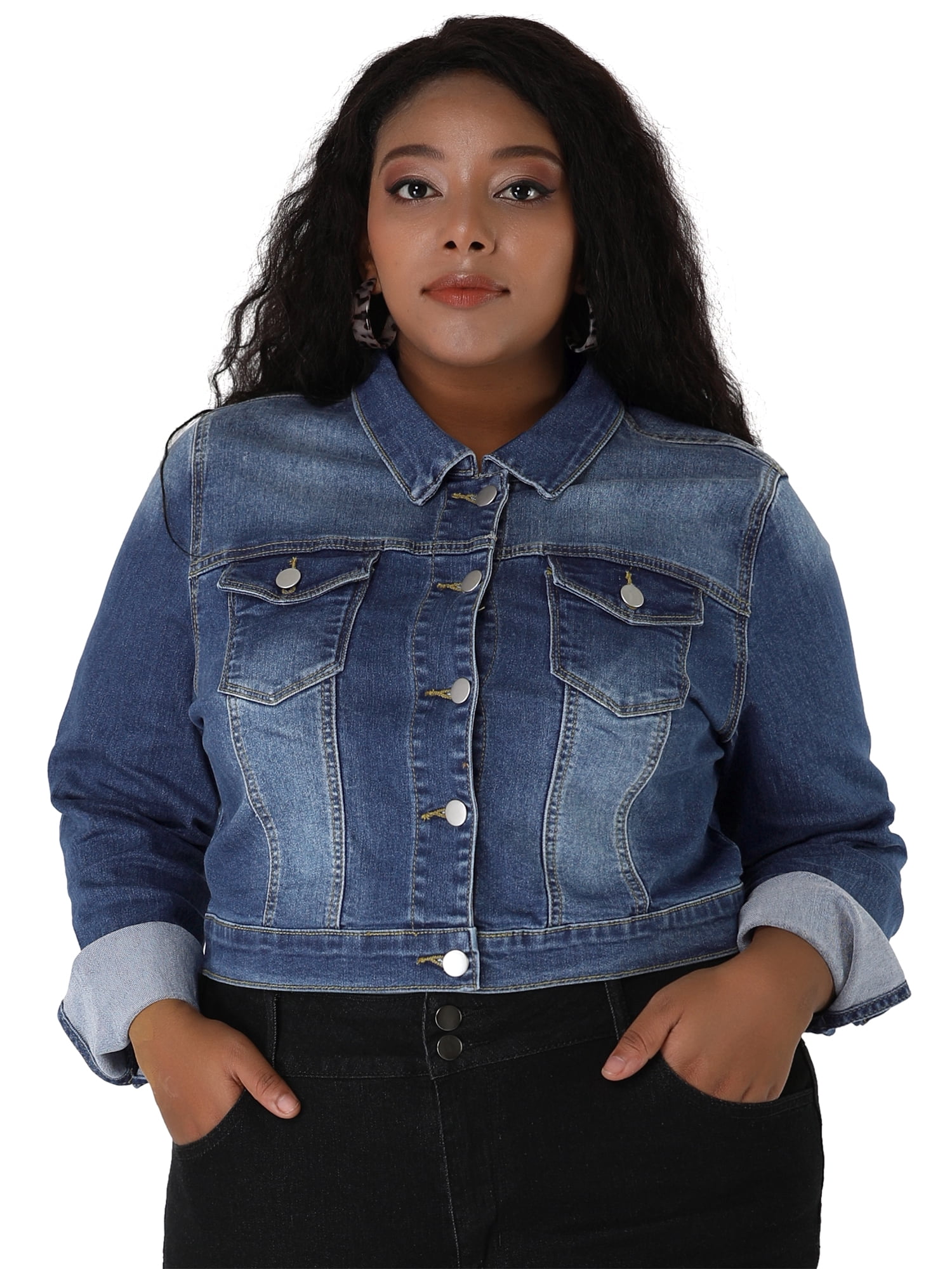 DARING DIVA Women's Plus Button Closed Cropped Denim Jacket 6X Blue