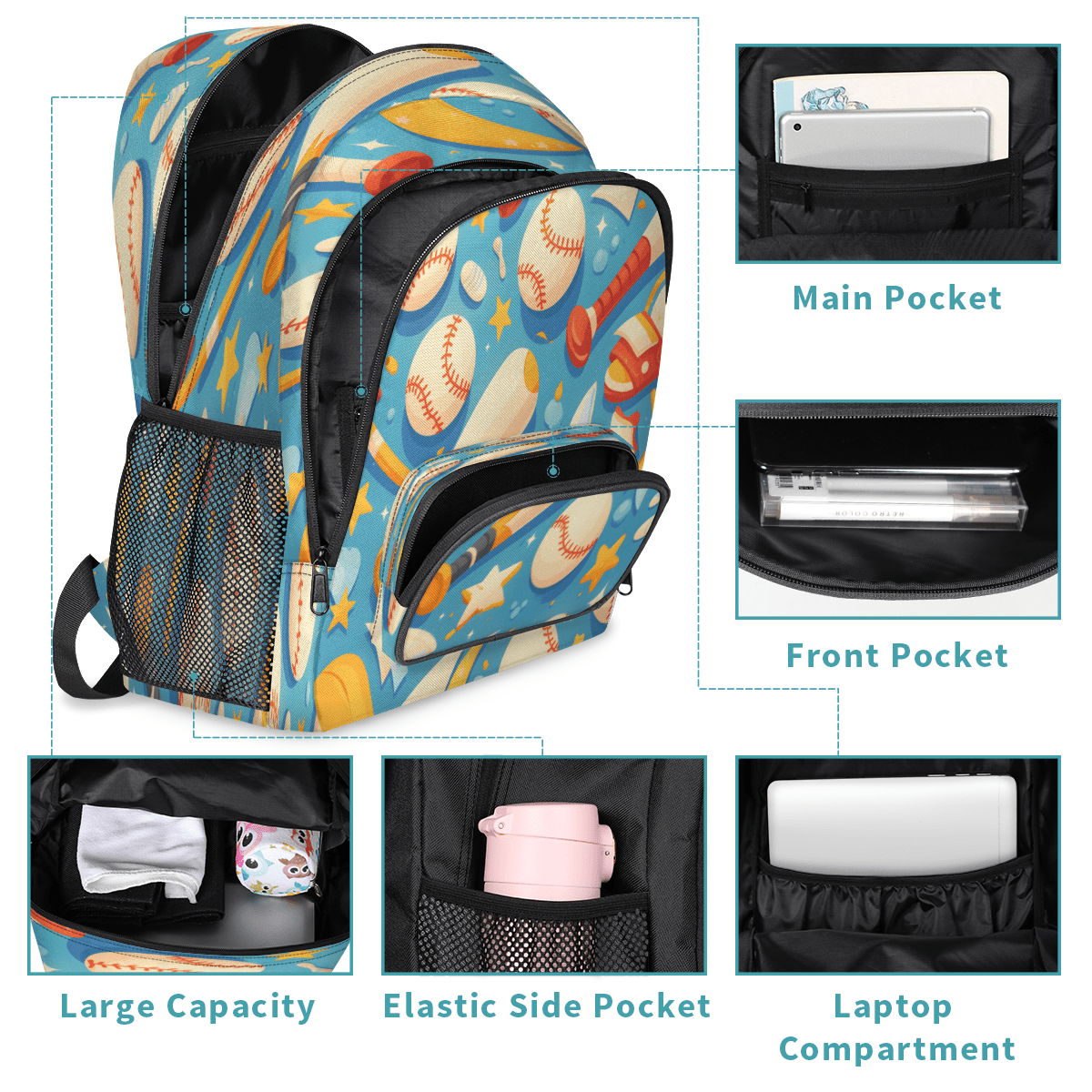 Herdesigns Baseball Theme Laptop Backpack for Women Men, 18.3 Inch Sport Gaming Large Computer Backpacks Fashion Teacher Nurse Bag Casual Daypack for Work Travel