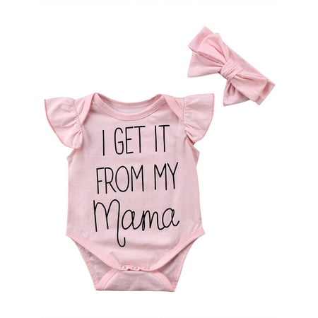 

2Pcs Infant Baby Girls Ruffle Sleeveless Romper Letters Bodysuit Jumpsuit+Bow Headband Outfit