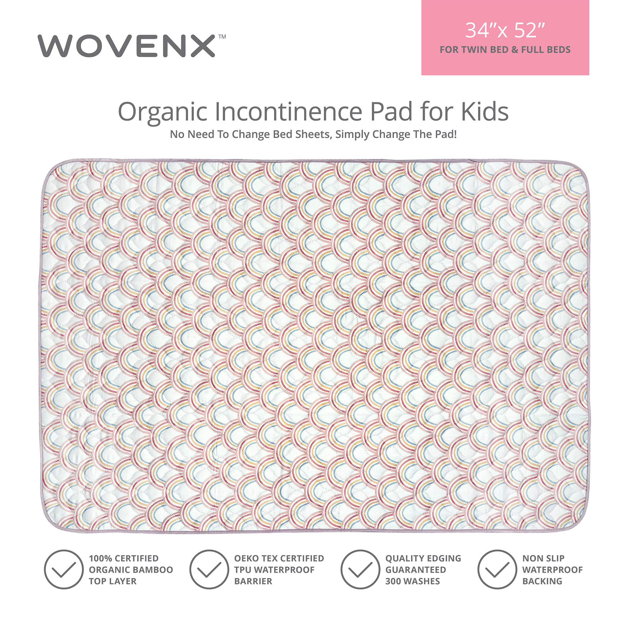 WOVENX Organic Incontinence Pads for Kids & Toddlers - 5 Layer Waterproof Protectors for Overnight Bed Wetting - Reusable & Washable Pee Pads - Fits Twin to Full Size Beds - 34" x 52" Rainbow