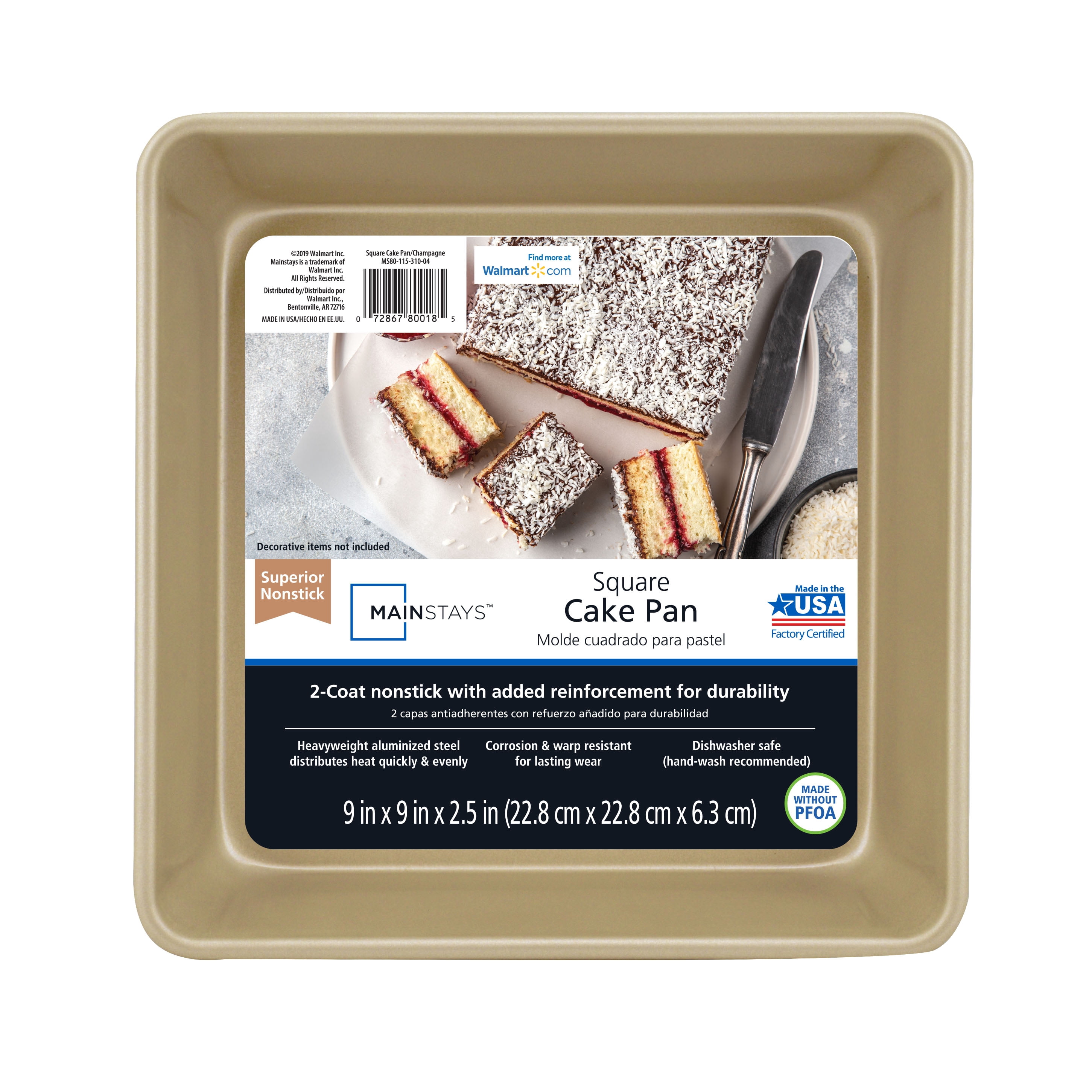 Mainstays Gold 9" Nonstick Aluminized Square Cake Pan, Brownie Pan