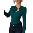 thumbnail image 1 of Female Metal Ring Long Sleeve Asymmetrical Neck T Shirt Slim Fit Ruched Going Out Tops Green L, 1 of 8
