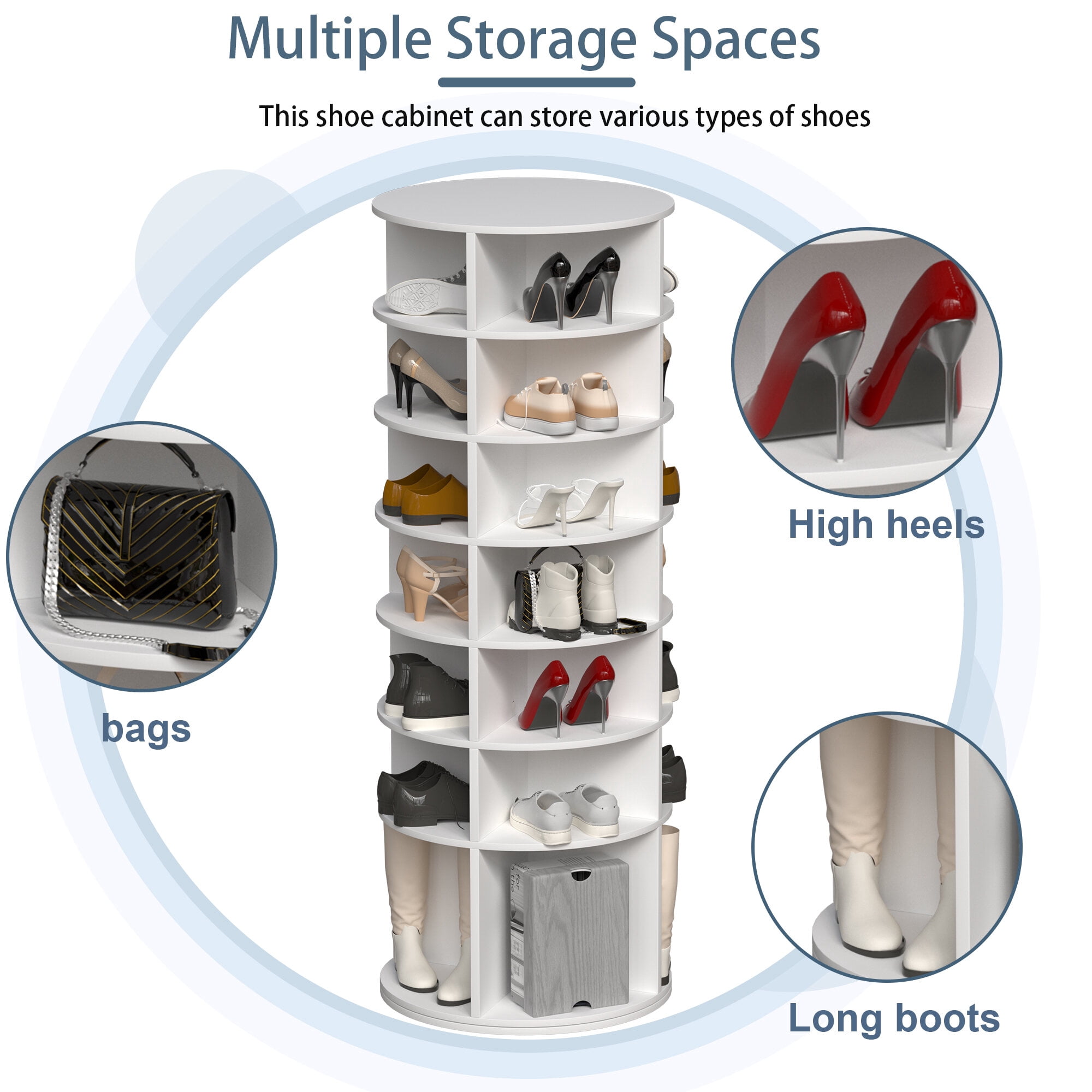7-Tier Rotating Shoe Rack Tower, 360° Spinning Shoe Organizer Holds 28 Pairs, 23.62" X 23.62" X 72.44" White Free-Standing Shoe Storage Cabinet