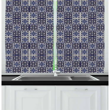 Ambesonne Moroccan Kitchen Curtains, Squares Azulejo Tiles, 55"x39", Navy Blue Beige
