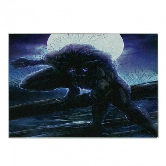 Fantasy World Cutting Board, Surreal Werewolf Electric Eyes in Full Moon Transformation Folkloric, Decorative Tempered Glass Cutting and Serving Board, Small Size, Purple Blue, by Ambesonne