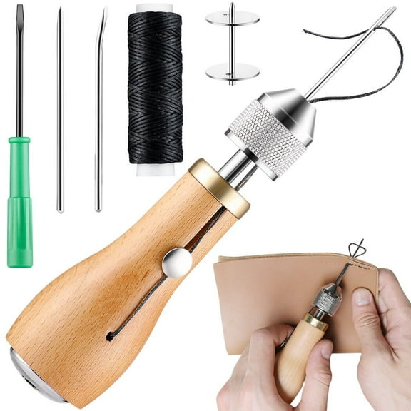 Leather Sewing Tool Set, Leather Stitch Sewing Awl   Waxed Thread   Curved & Cone Needles, Built in Spool DIY Craft Leather Sewing Kit with Screwdriver, Leather Sewing Accessories