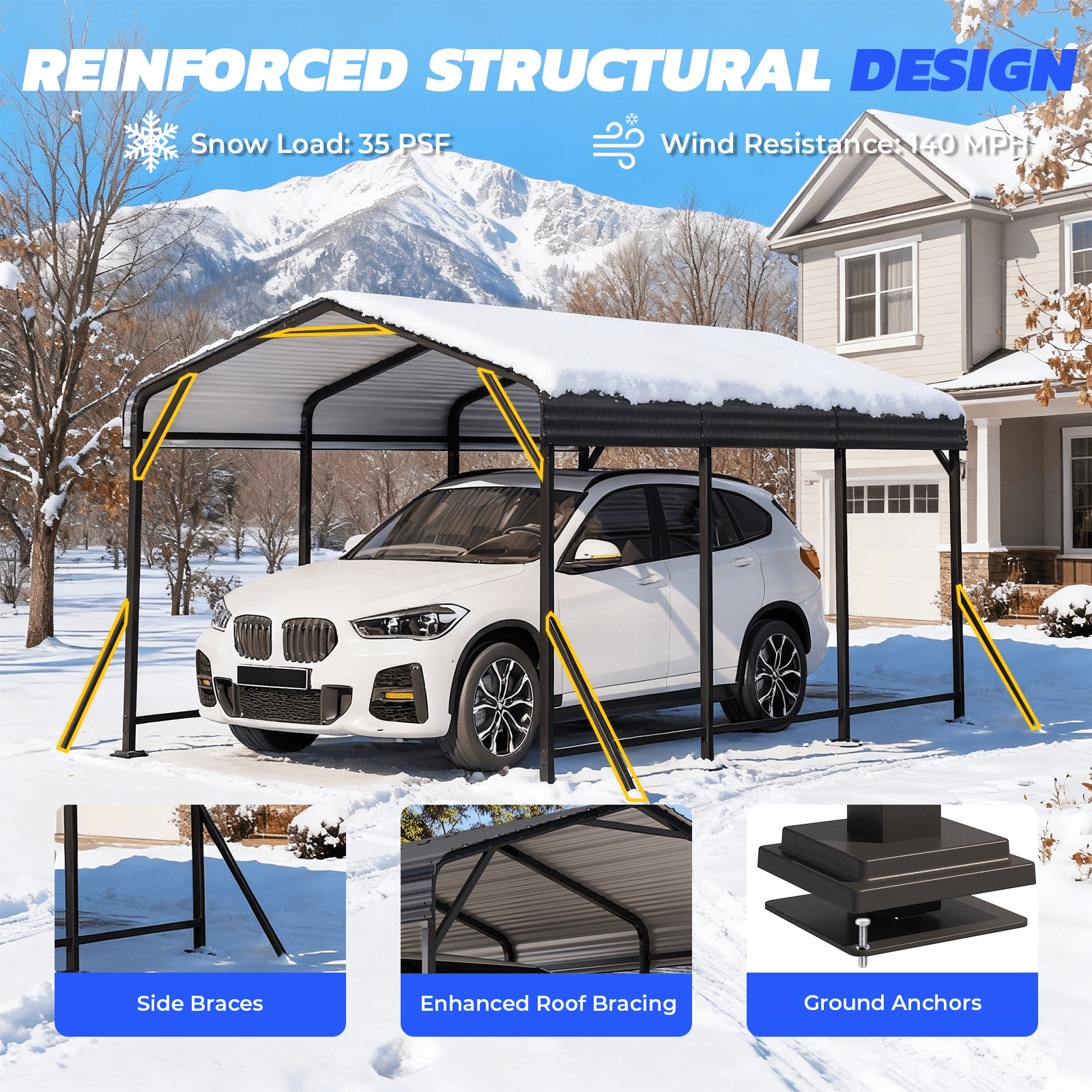 Mellcom Metal Carport 10'x15' ，Heavy Duty Outdoor Carport with Galvanized Metal Roof and Frame for Car,RV and Trucks