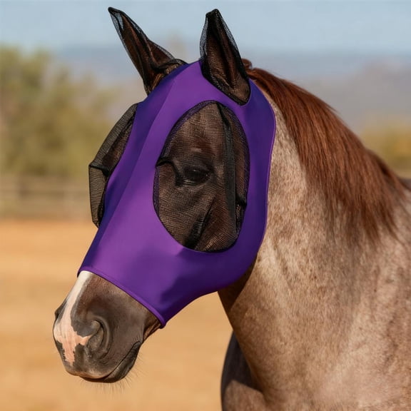 Horse Fly Mask Comfort-Fit,Smooth,Stretch Material, Equine Mesh Around The Eyes and Ears Allows for Clear Vision and Keeps Flies and Bugs Away(Purple)