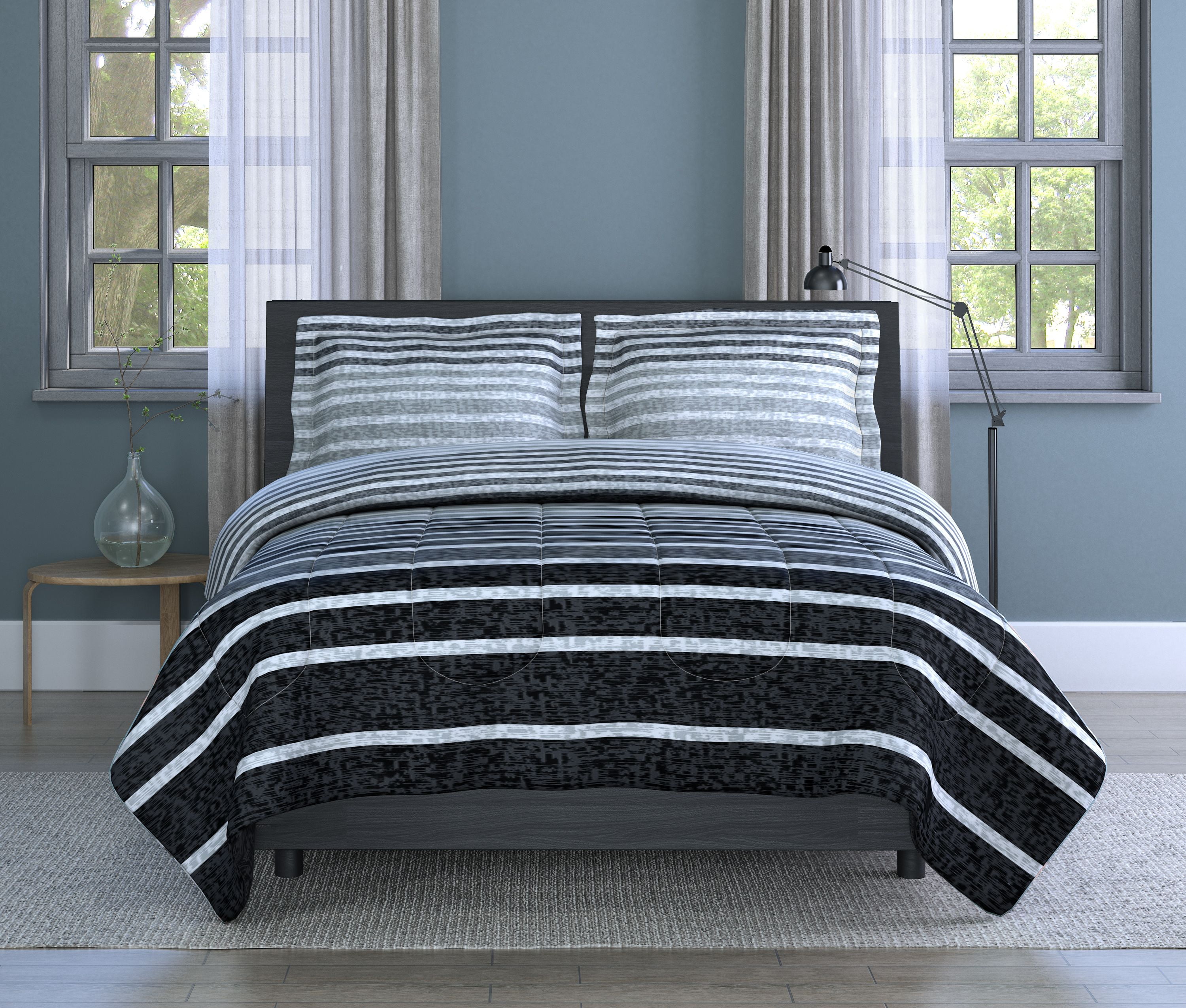 Harper 3-Piece Navy/Blue/Gray Striped Bedding Comforter Set 