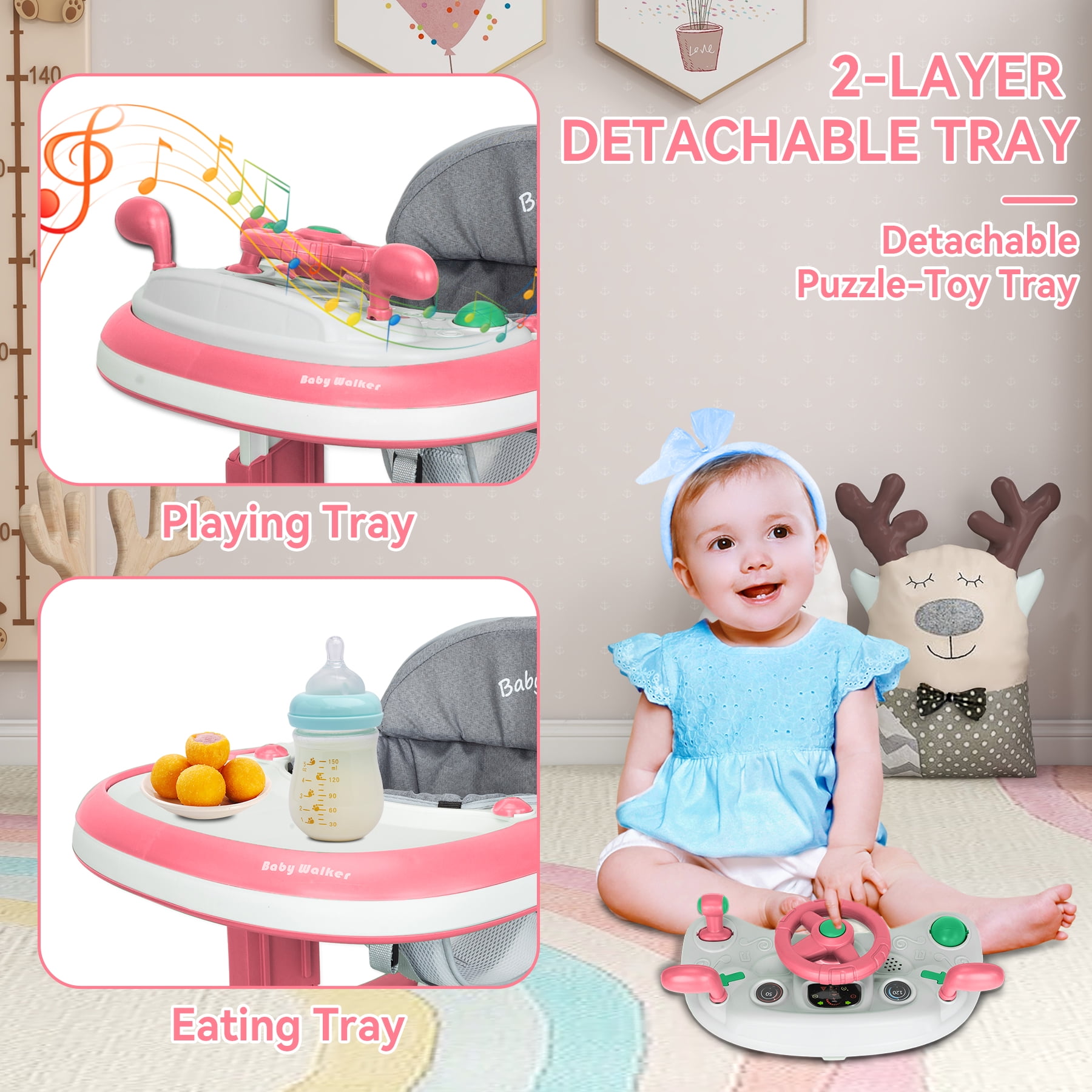 RICHYOUNG 5-in-1 Foldable Baby Walker with Wheels Music,Height-Adjustable Push Walker for Girl(Pink)