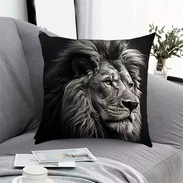 Funda de cojín de lino con estampado de animales para sofá y salón | Funda de cojín con estampado de león y ranura | Funda de almohada decorativa de poliéster de 45 x 45 cm
